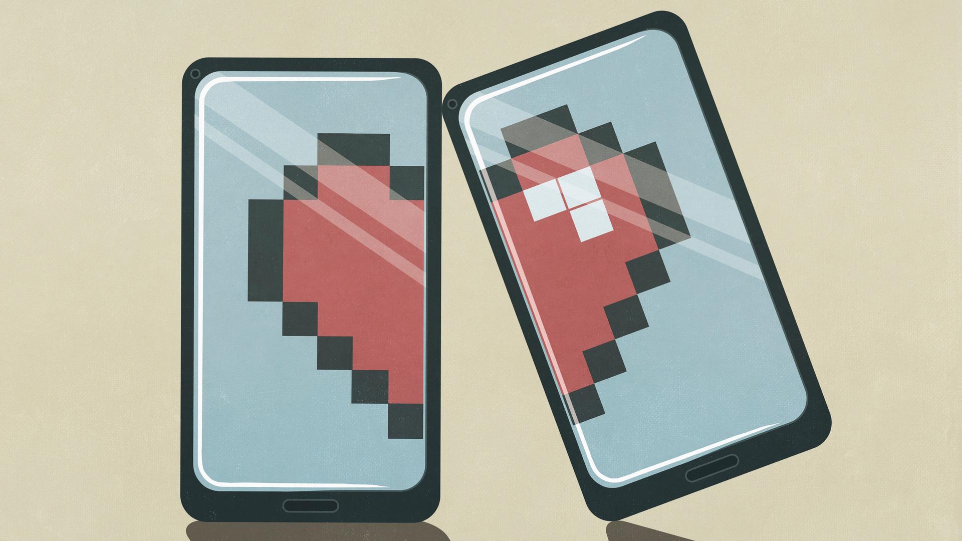 Eine Grafik mit zwei Mobiltelefonen: Auf den Displays sind jeweils ein halbes Herz abgebildet. Zusammen gelegt, ist ein ein ganzes Herz. Die Grafik zeigt das Thema Dating.