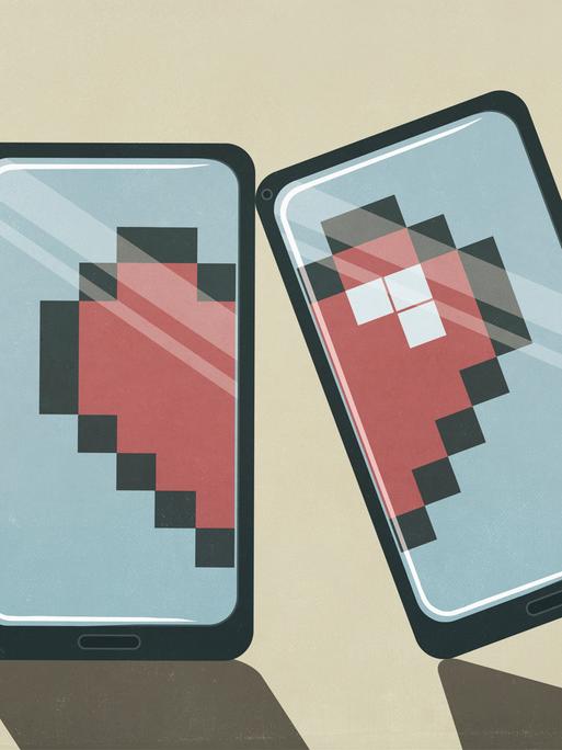 Eine Grafik mit zwei Mobiltelefonen: Auf den Displays sind jeweils ein halbes Herz abgebildet. Zusammen gelegt, ist ein ein ganzes Herz. Die Grafik zeigt das Thema Dating.