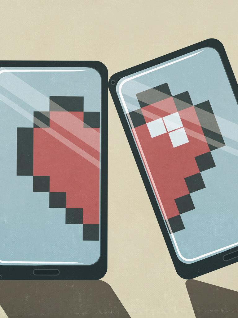 Eine Grafik mit zwei Mobiltelefonen: Auf den Displays sind jeweils ein halbes Herz abgebildet. Zusammen gelegt, ist ein ein ganzes Herz. Die Grafik zeigt das Thema Dating.