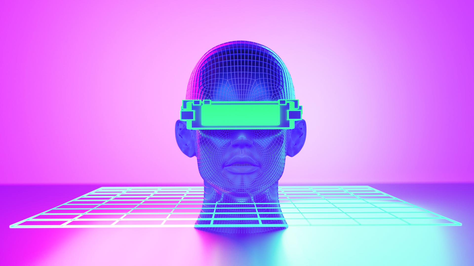 Grafik eines gleichzeitig menschlich und artifizell anmutenden Kopfes vor pink-lilafarbenem Hintergrund. Der Kopf steckt in einer Art Raster, vor der Augen etwas wie ein Balken oder eine VR-Brille.