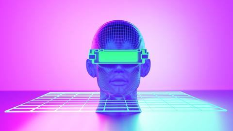 Grafik eines gleichzeitig menschlich und artifizell anmutenden Kopfes vor pink-lilafarbenem Hintergrund. Der Kopf steckt in einer Art Raster, vor der Augen etwas wie ein Balken oder eine VR-Brille.