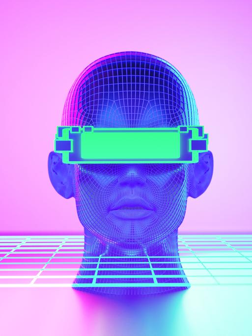 Grafik eines gleichzeitig menschlich und artifizell anmutenden Kopfes vor pink-lilafarbenem Hintergrund. Der Kopf steckt in einer Art Raster, vor der Augen etwas wie ein Balken oder eine VR-Brille.