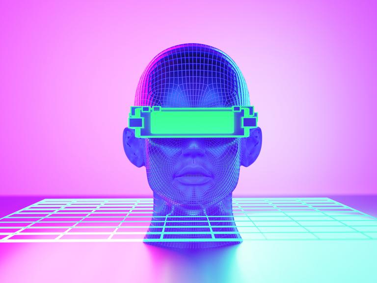 Grafik eines gleichzeitig menschlich und artifizell anmutenden Kopfes vor pink-lilafarbenem Hintergrund. Der Kopf steckt in einer Art Raster, vor der Augen etwas wie ein Balken oder eine VR-Brille.