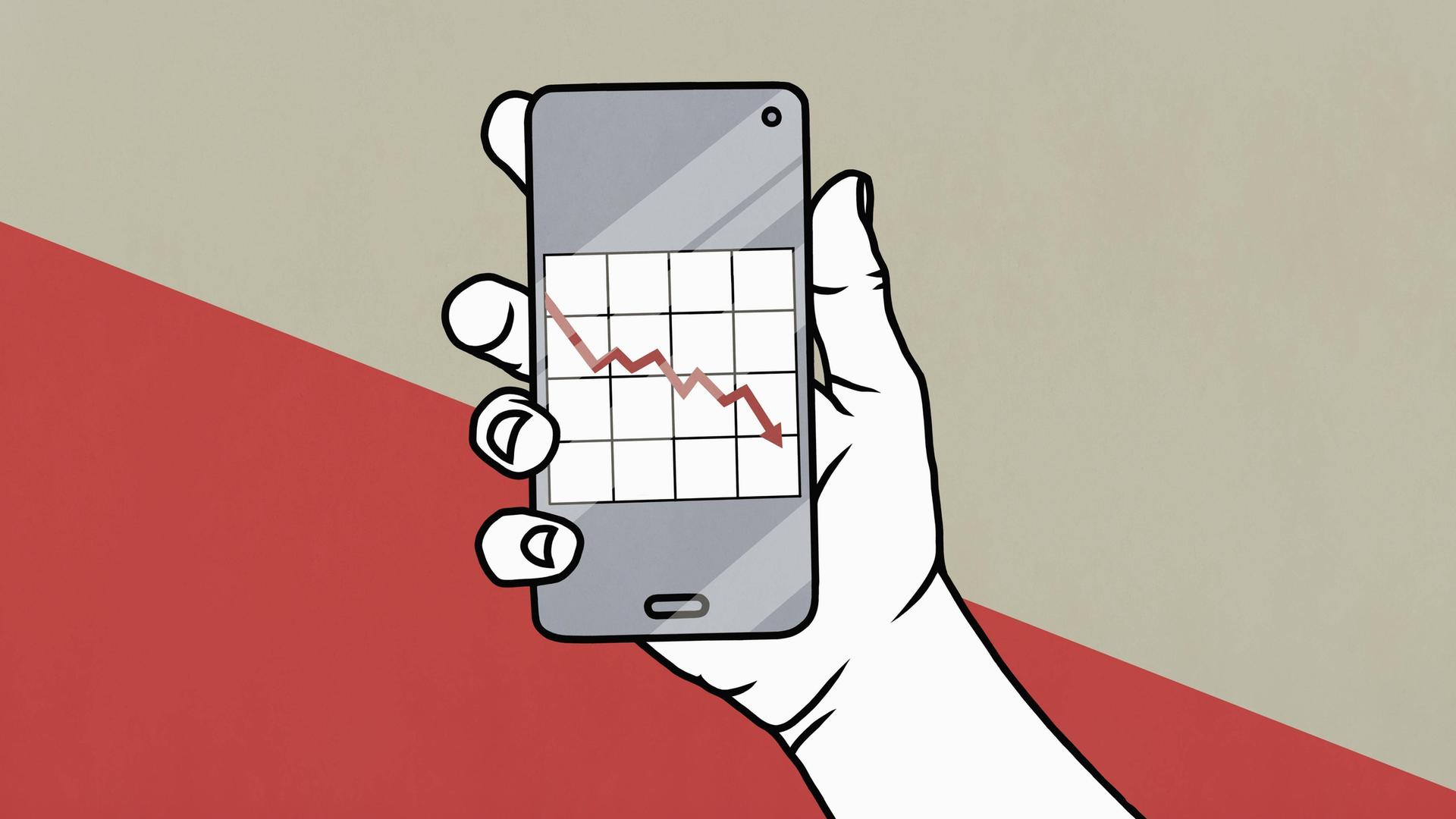 Illustration: Eine Hand hält Smartphone mit abwärtsgerichteter Grafik auf dem Bildschirm.