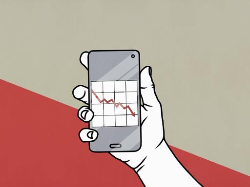 Illustration: Eine Hand hält Smartphone mit abwärtsgerichteter Grafik auf dem Bildschirm.