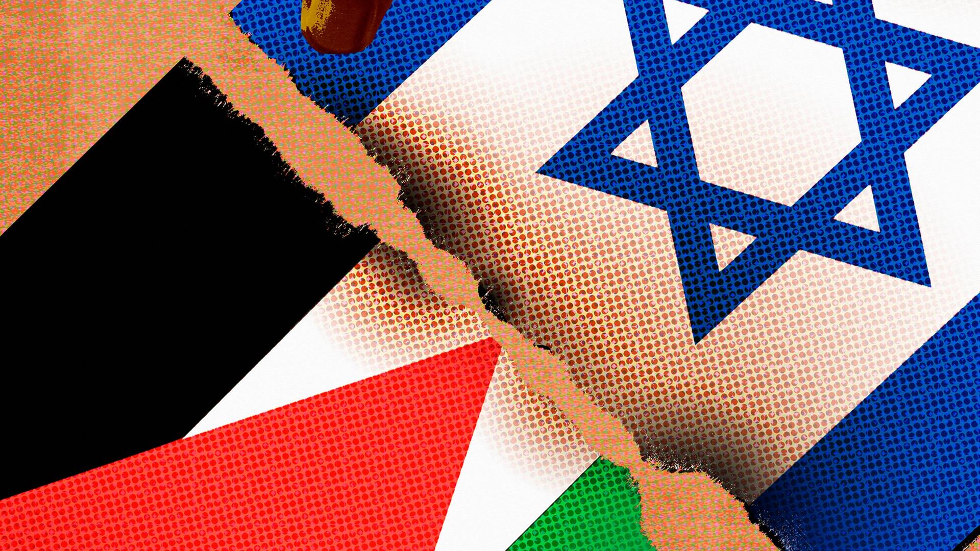 Eine Illustration zeigt, wie palästinensische und israelische Flaggen zerrissen werden. 