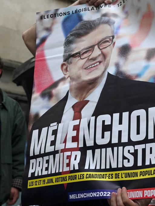 Das Bild zeit Anhänger der linkspopulistischen Bewegung LFI, die vor der Parteizentrale in Paris ein Wahlplakat für Mélenchon hochhalten.
