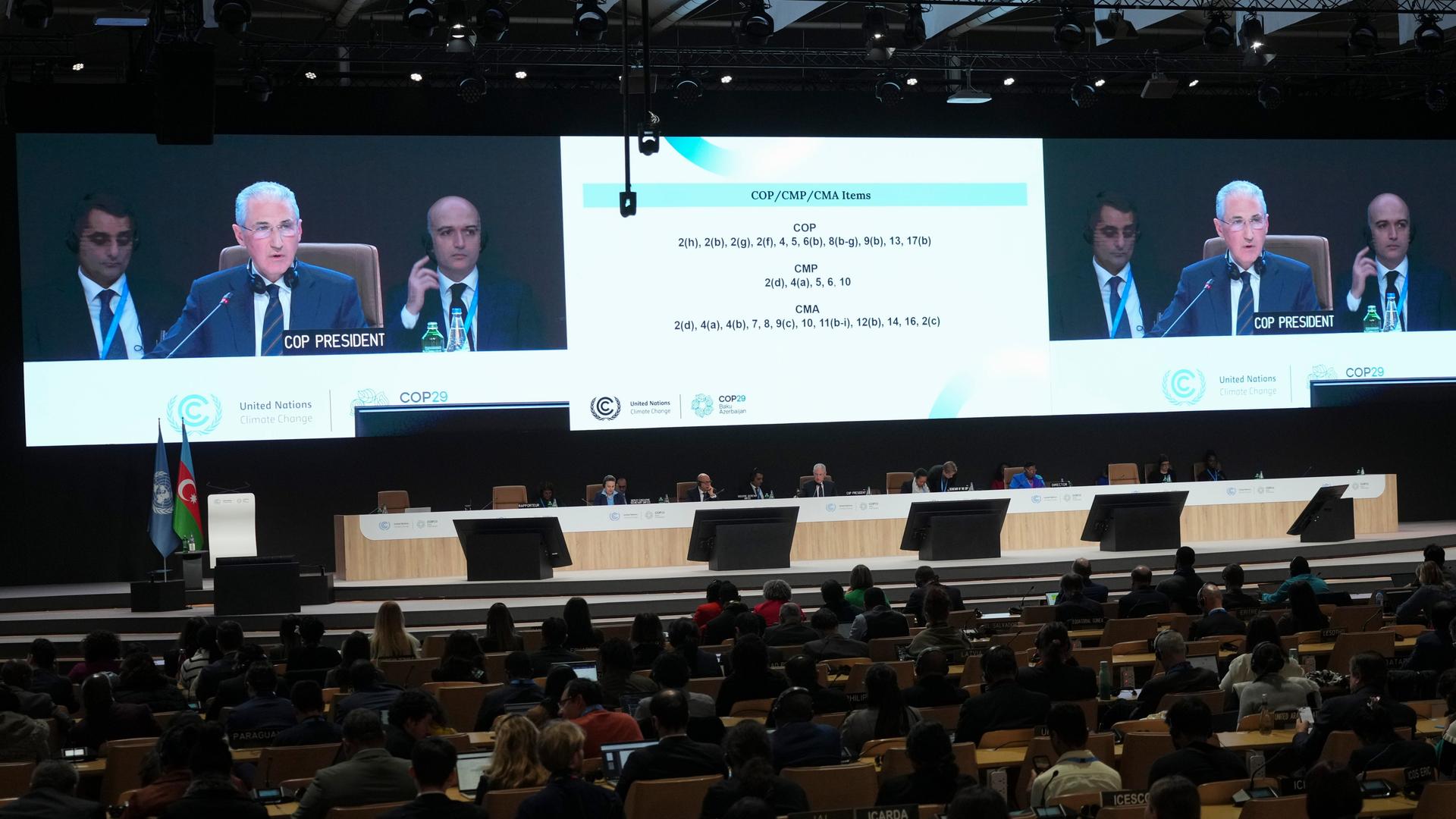 COP29-Leiter Babajew sitzt auf einer Bühne und spricht in ein Mikrofon. Vorne im Saal sitzen Teilnehmer der UNO-Klimakonferenz.