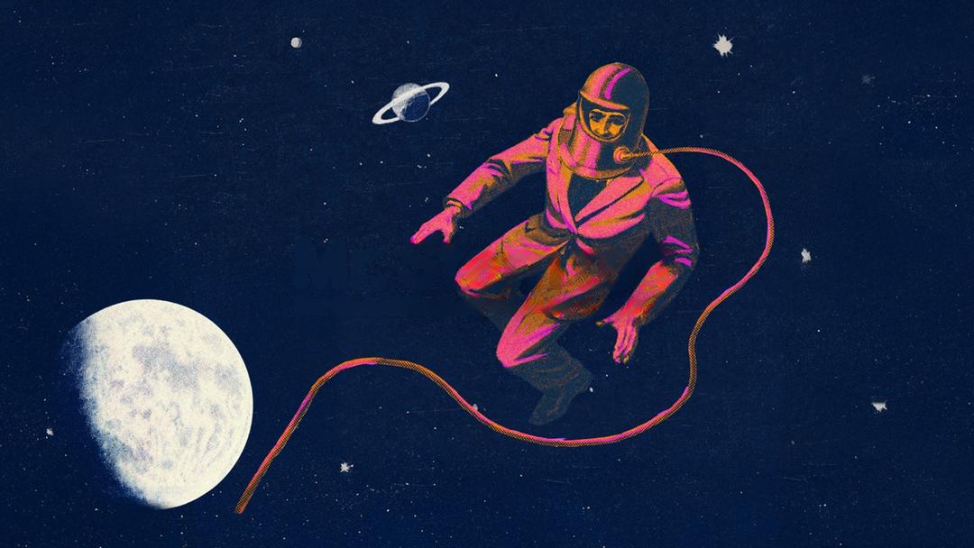 Vor einem tiefblauen Sternenhimmel schwebt ein stilisierter Astronaut im Weltraum. Das Bild erinnert an eine Retro-Illustration erinnern. Der Astronaut ist mit einem Sicherheitsseil verbunden, das sich in einer geschwungenen Linie durch das Bild zieht.