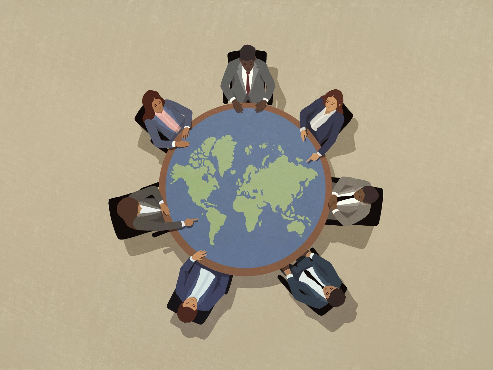 Illustration: Eine Gruppe von PolitikerInnen sitzt um einen großen runden Tisch in Form einer Weltkugel.