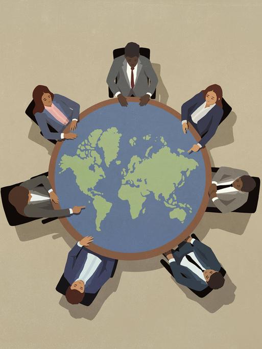 Illustration: Eine Gruppe von PolitikerInnen sitzt um einen großen runden Tisch in Form einer Weltkugel.