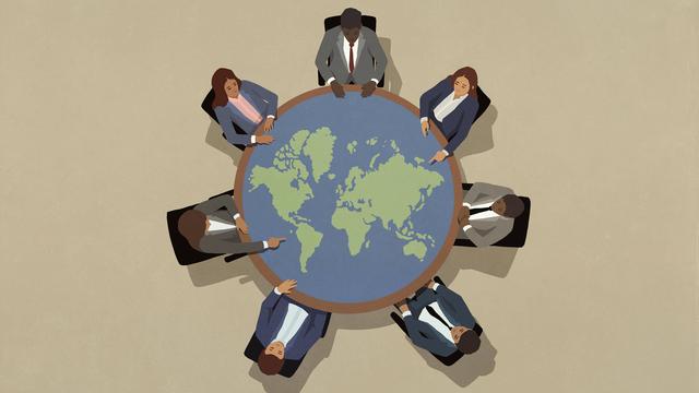 Illustration: Eine Gruppe von PolitikerInnen sitzt um einen großen runden Tisch in Form einer Weltkugel.