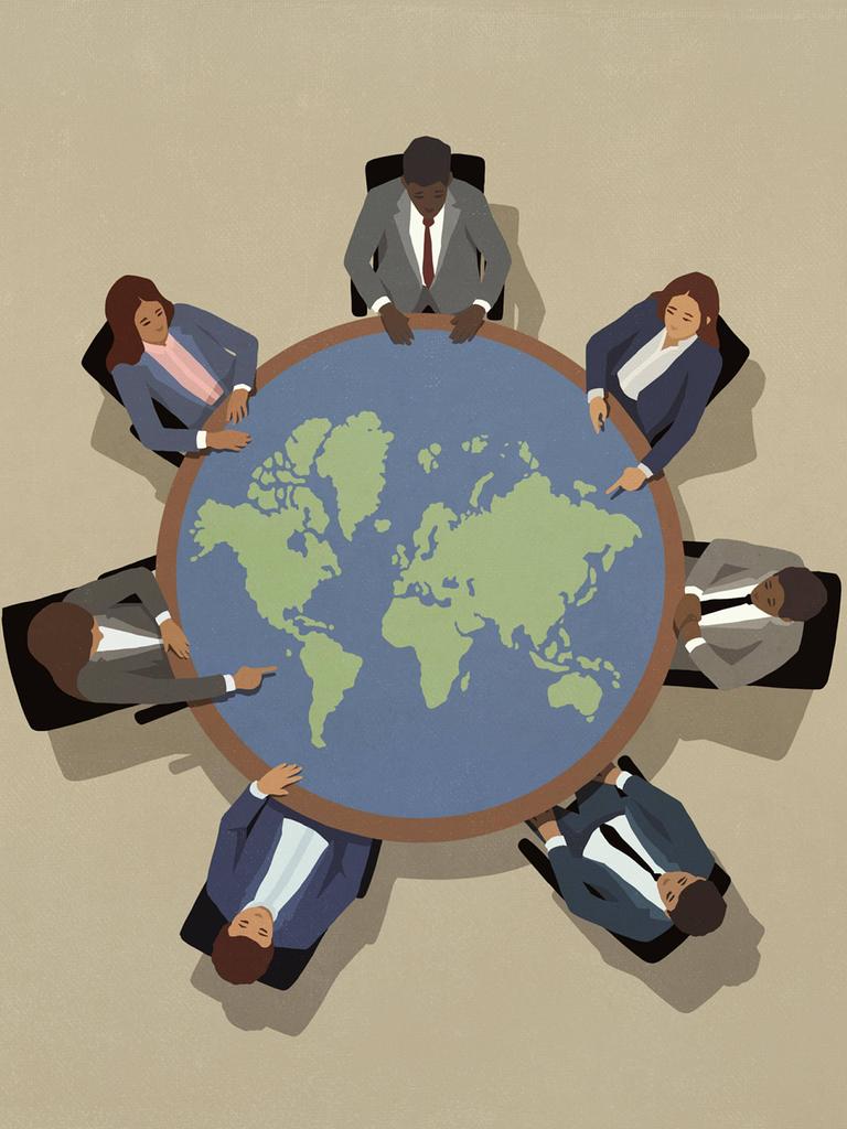 Illustration: Eine Gruppe von PolitikerInnen sitzt um einen großen runden Tisch in Form einer Weltkugel.