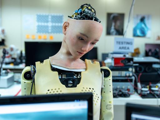 Ein Roboter mit dem Gesicht einer Frau. Aus dem Kopf schauen elektronische Bauteile heraus.