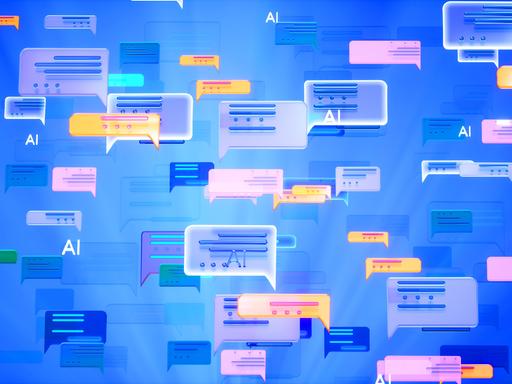 Illustration: Sprechblasen vieler Social-Media-Chat-Symbole, die vor einem blauen Hintergrund schweben.