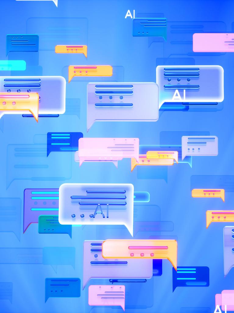 Illustration: Sprechblasen vieler Social-Media-Chat-Symbole, die vor einem blauen Hintergrund schweben.