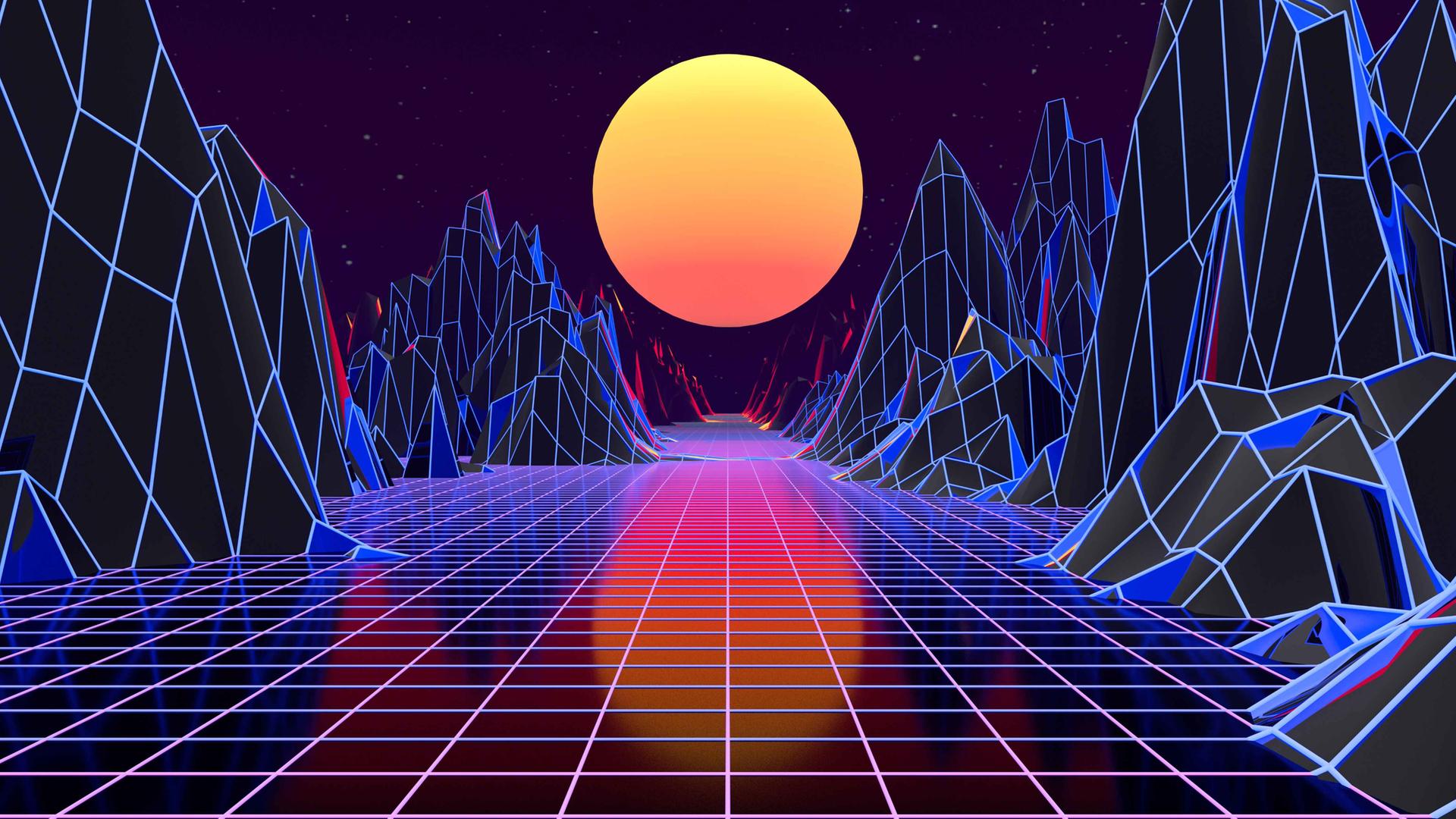 3D-Hintergrund-Illustration mit Bergen, Kacheln und orangefarbenem Mond, inspiriert von der 80er Synthwave und Retrowave Szene.