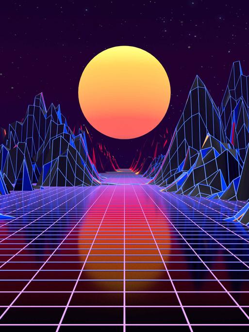 3D-Hintergrund-Illustration mit Bergen, Kacheln und orangefarbenem Mond, inspiriert von der 80er Synthwave und Retrowave Szene.