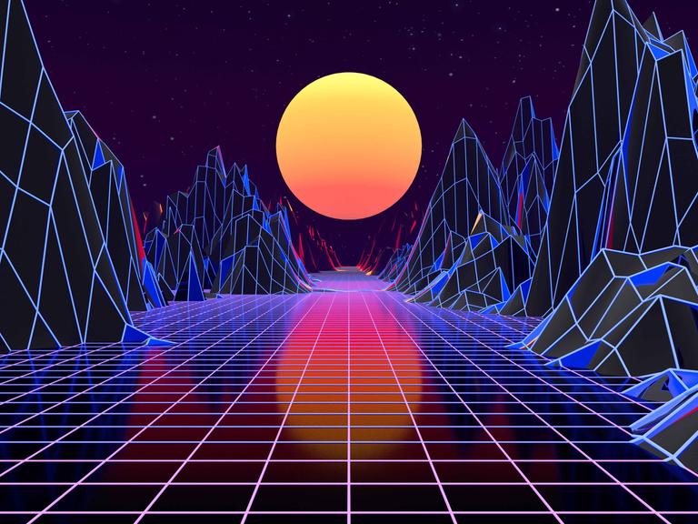 3D-Hintergrund-Illustration mit Bergen, Kacheln und orangefarbenem Mond, inspiriert von der 80er Synthwave und Retrowave Szene.