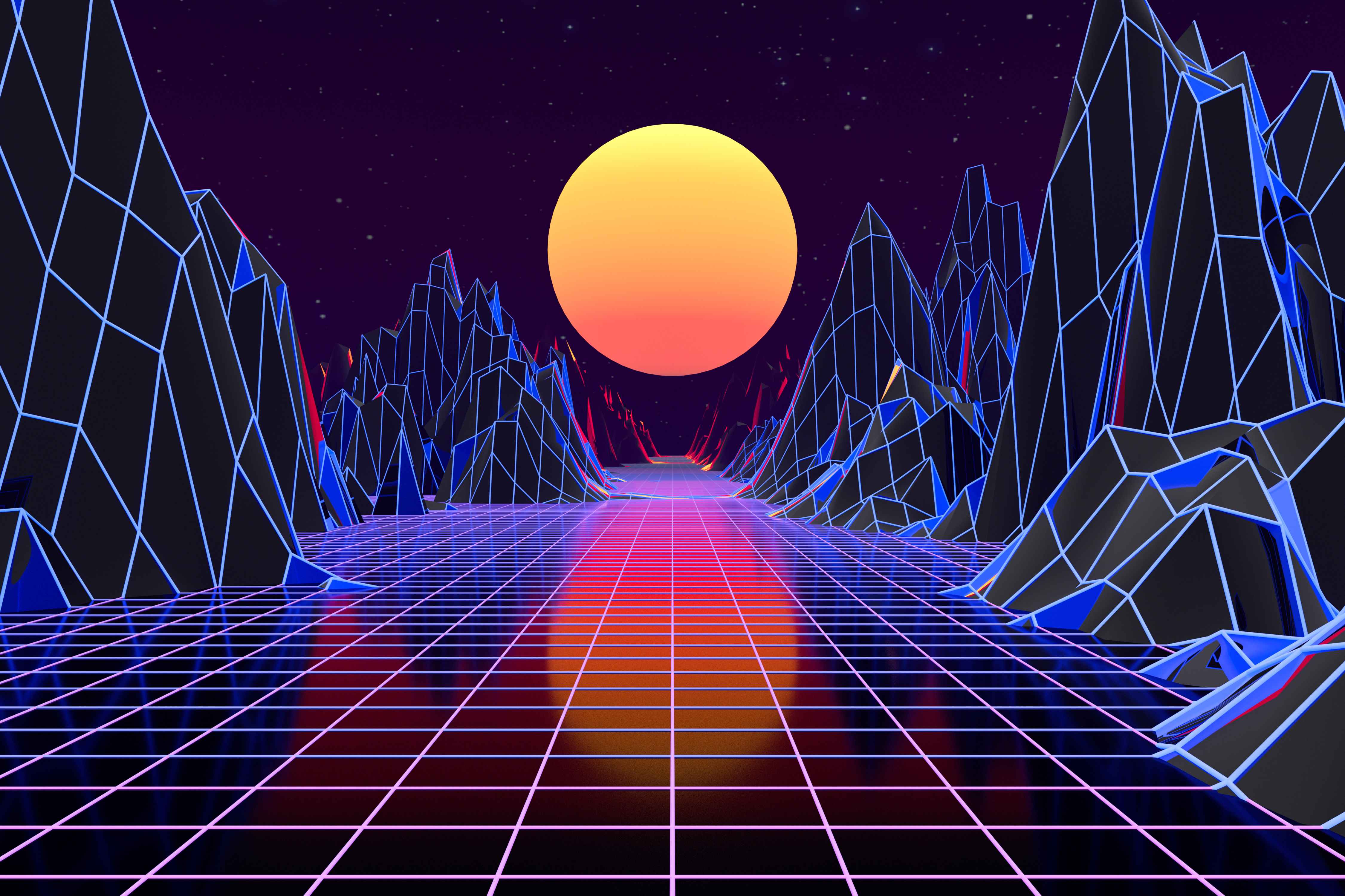 3D-Hintergrund-Illustration mit Bergen, Kacheln und orangefarbenem Mond, inspiriert von der 80er Synthwave und Retrowave Szene.