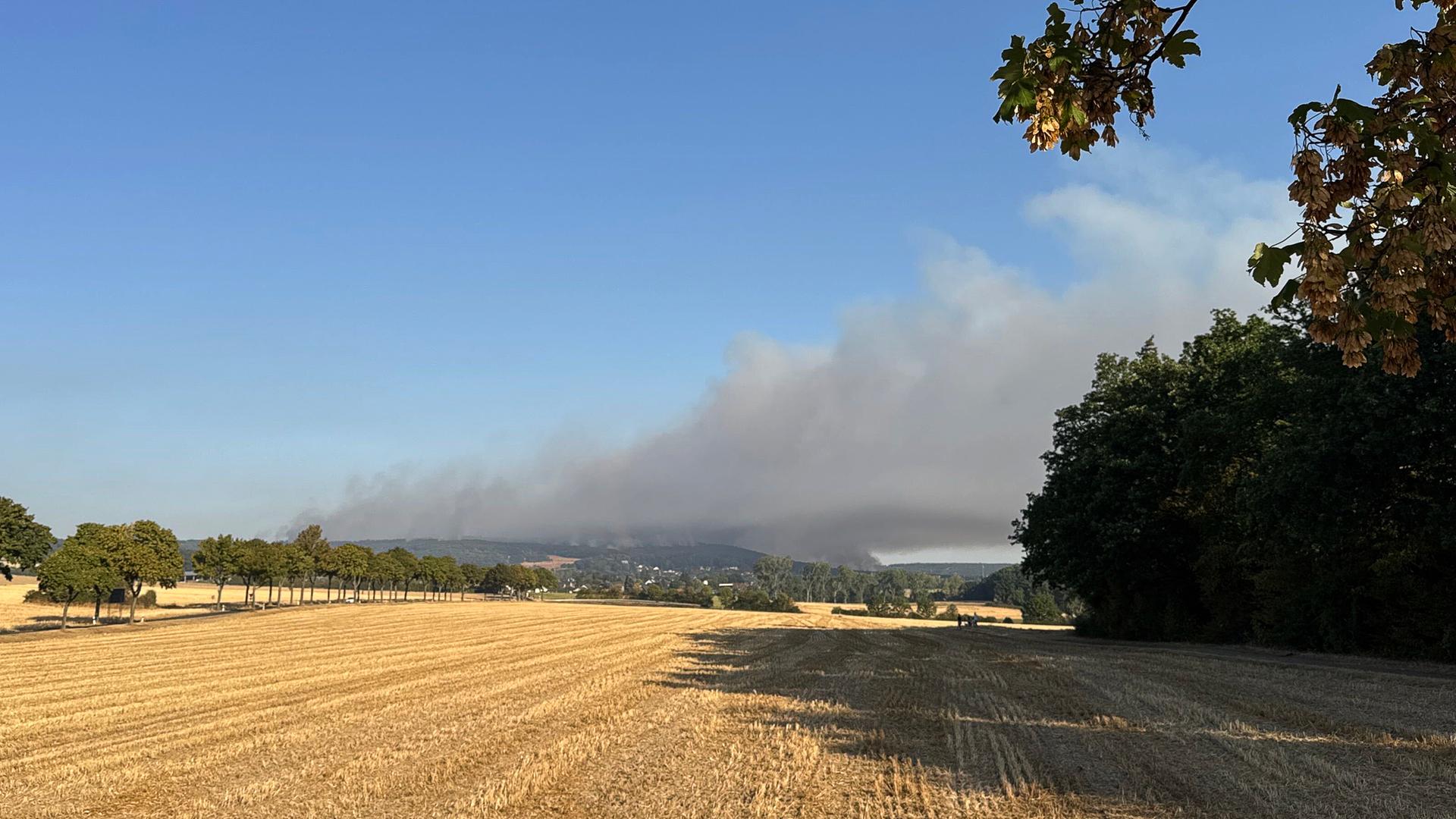 Rauch steigt bei einem Waldbrand über dem Hürtgenwald auf. Am frühen Morgen hat die Evakuierung des Ortsteils Gey begonnen, in dem gut 1.800 Menschen leben.