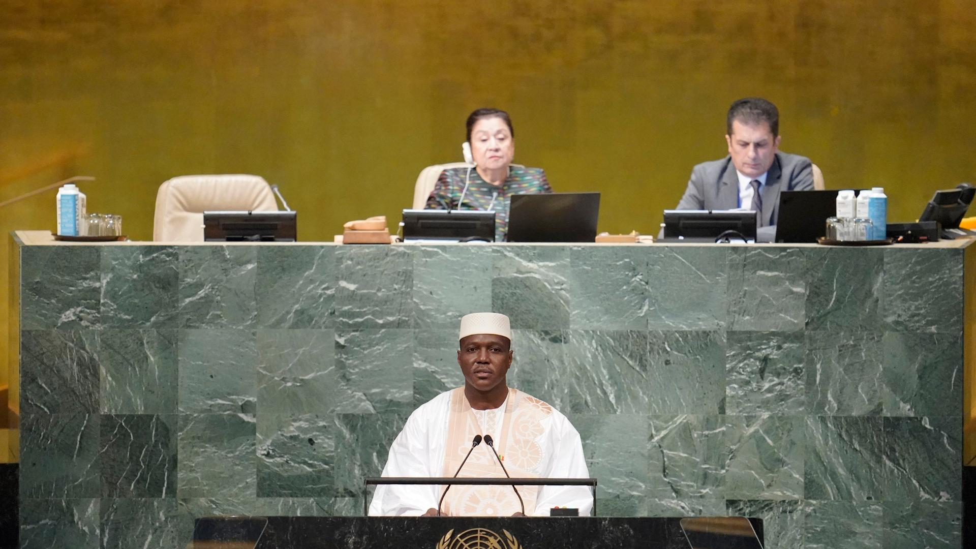 Abdoulaye Maiga, Premierminister von Mali, spricht auf der 77. Sitzung der Generalversammlung der Vereinten Nationen im UNO-Hauptquartier. 