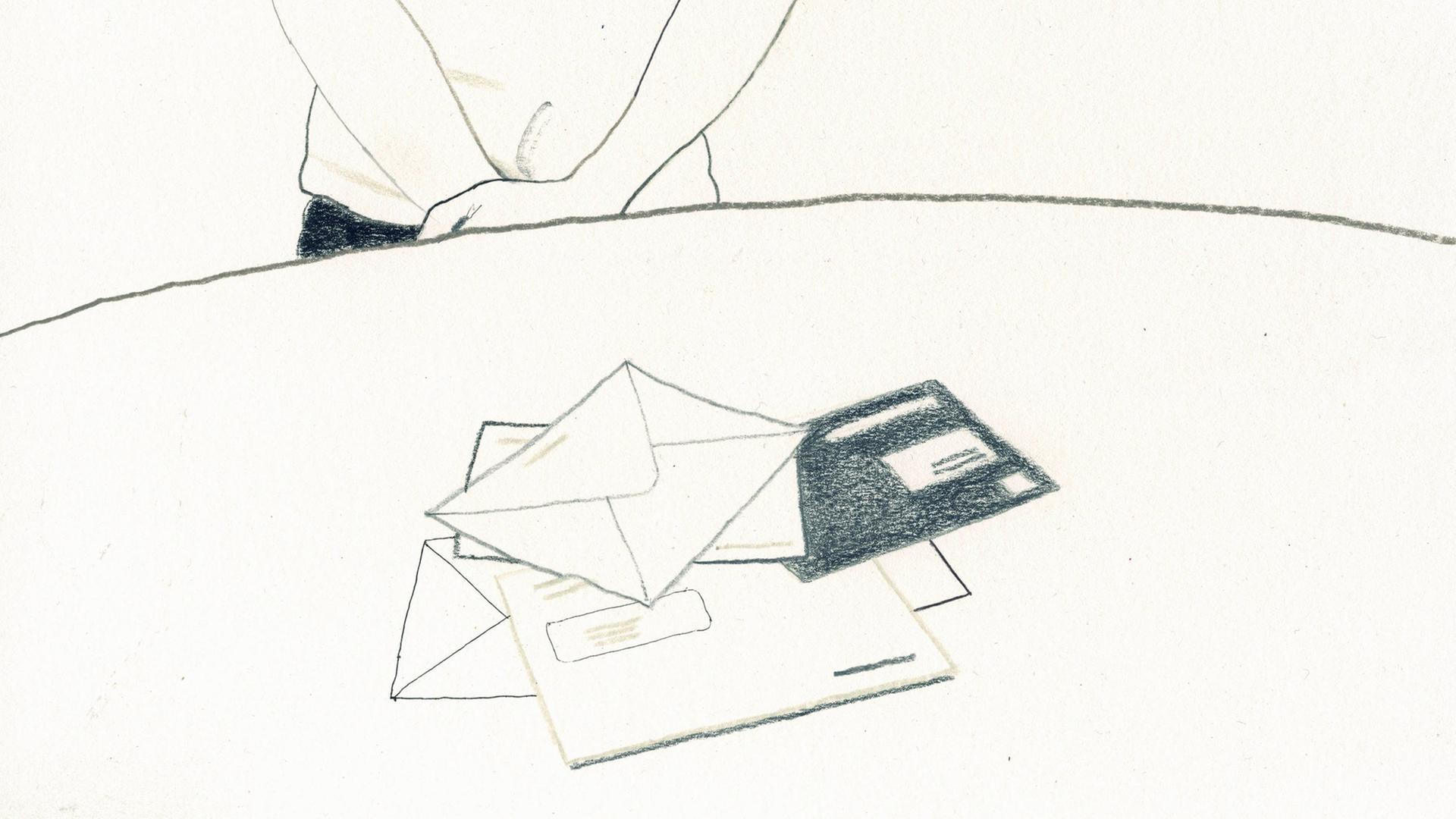 Illustration: Ein Mensch schaut auf sein Post, die ungeöffneten Briefe liegen auf einem Tisch.