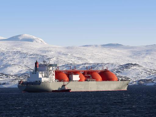 Ein Schiff zur Erdgasförderung fährt vor einer verschneiten Berglandschaft entlang.
