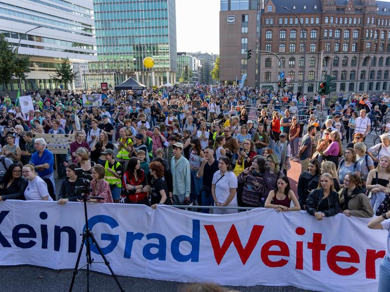 In Hamburg demonstrieren Menschen am Globalen Klimastreiktag, sie halten ein Transparent auf dem steht "Kein Grad weiter" (20.09.2024)