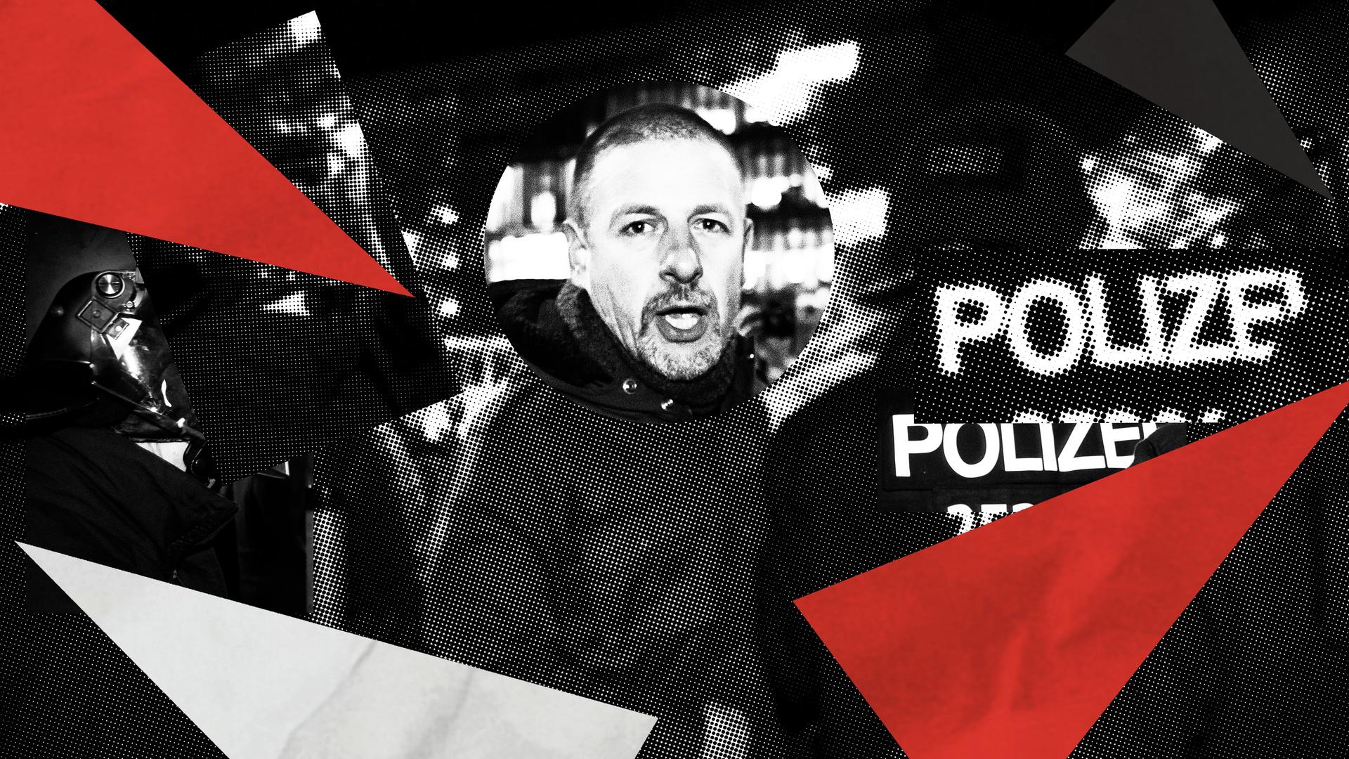 Illustration zur 3. Folge der Doku-Serie „Deutsches Denken“. Das Hintergrundbild zeigt Götz Kubitschek (PEGIDA) bei einer Sitzblockade Rechtsextremer. Das Bild ist mit Halbtoneffekt und Dreieckswimpeln in schwarz, weiß und rot zu einer Collage bearbeitet. Illustration zur 3. Folge der Doku-Serie „Deutsches Denken“. Das Hintergrundbild zeigt Götz Kubitschek (PEGIDA) bei einer Sitzblockade Rechtsextremer. Das Bild ist mit Halbtoneffekt und Dreieckswimpeln in schwarz, weiß und rot zu einer Collage bearbeitet.