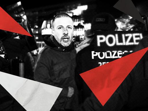 Illustration zur 3. Folge der Doku-Serie „Deutsches Denken“. Das Bild zeigt Verleger und Aktivist Götz Kubitschek bei einer Sitzblockade Rechtsextremer, und ist mit Halbtoneffekt und Dreieckswimpeln in schwarz, weiß und rot zu einer Collage bearbeitet.