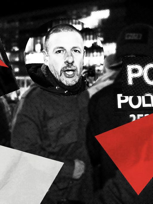 Illustration zur 3. Folge der Doku-Serie „Deutsches Denken“. Das Bild zeigt Verleger und Aktivist Götz Kubitschek bei einer Sitzblockade Rechtsextremer, und ist mit Halbtoneffekt und Dreieckswimpeln in schwarz, weiß und rot zu einer Collage bearbeitet.