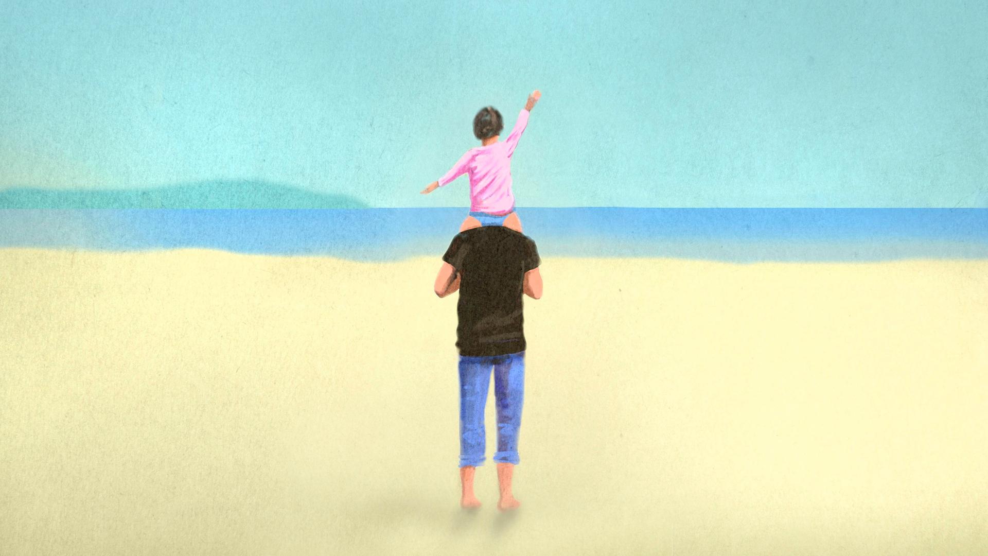 Zeichnung eines Erwachsenen mit einem Kind auf den Schultern am Strand mit Blick aufs Meer.