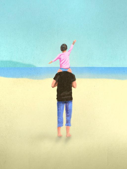 Zeichnung eines Erwachsenen mit einem Kind auf den Schultern am Strand mit Blick aufs Meer.