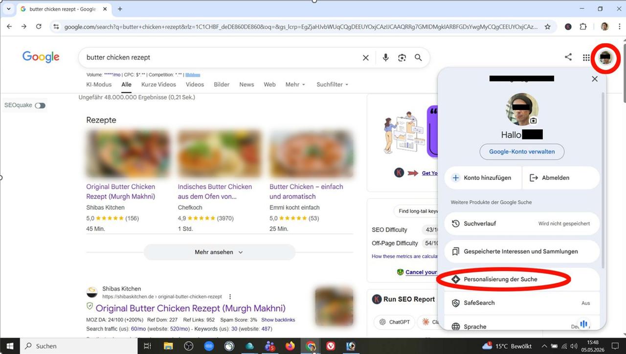 Ein Popup mit den Einstellungen eines personalisierten Google-Accounts über einer Suchergebnisseite