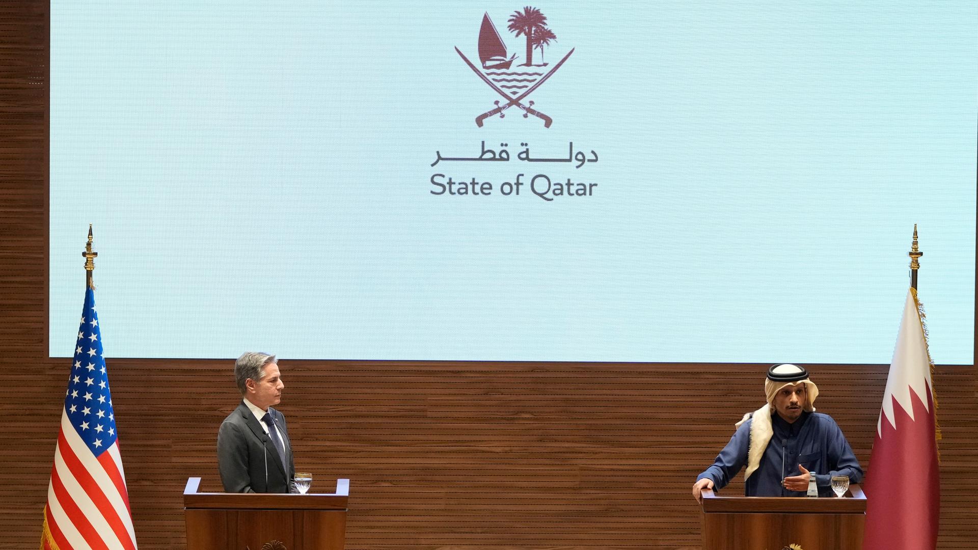 US-Außenminister Blinken und sein katarischer Kollege Al Thani während einer gemeinsamen Pressekonferenz US-Außenminister Blinken und sein katarischer Kollege Al Thani während einer gemeinsamen Pressekonferenz