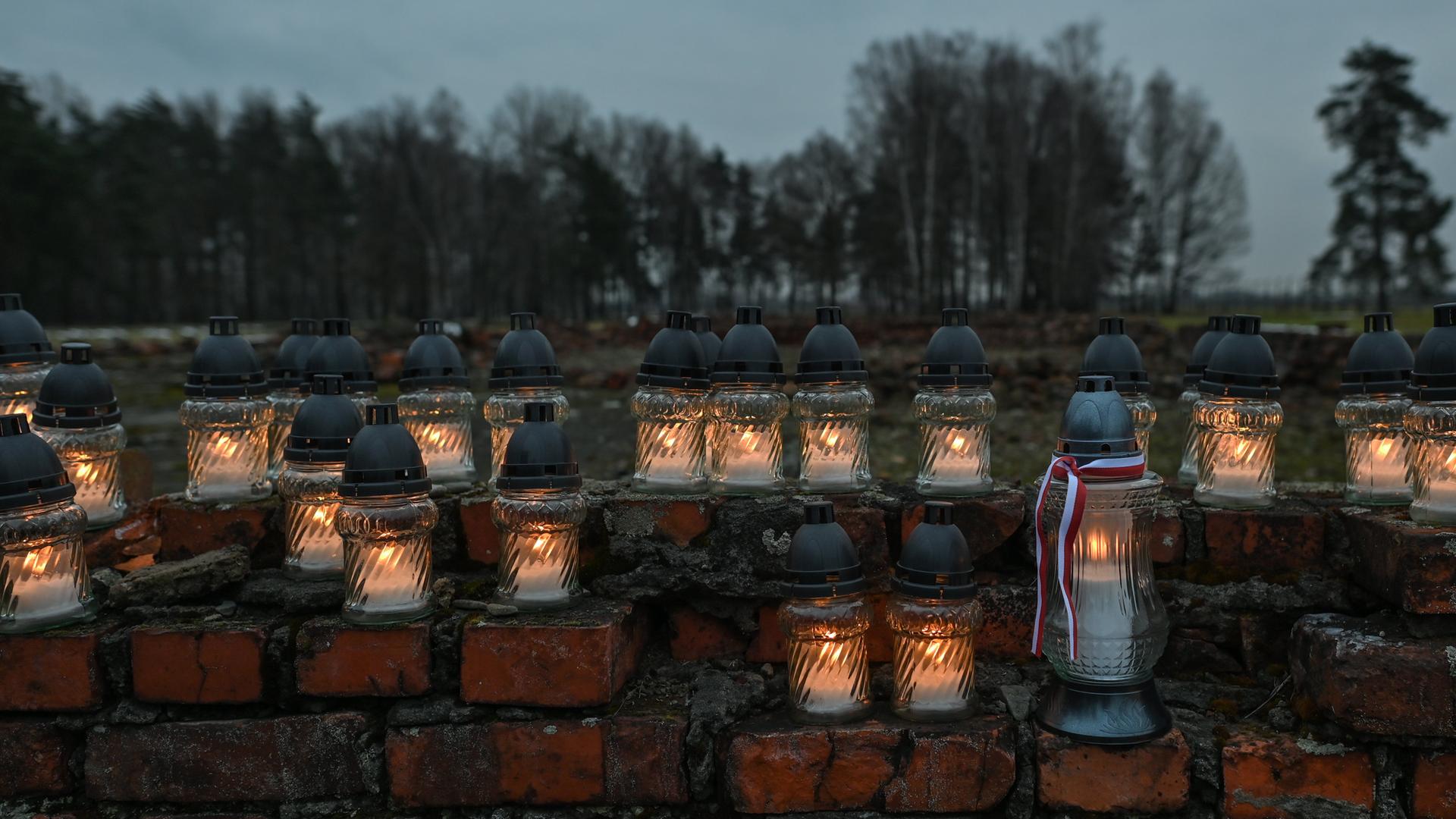 Windgeschützte Kerzen und Lampen stehen auf einem brüchigen Mauerwerk. Im Hintergrund sind Bäume zu sehen.