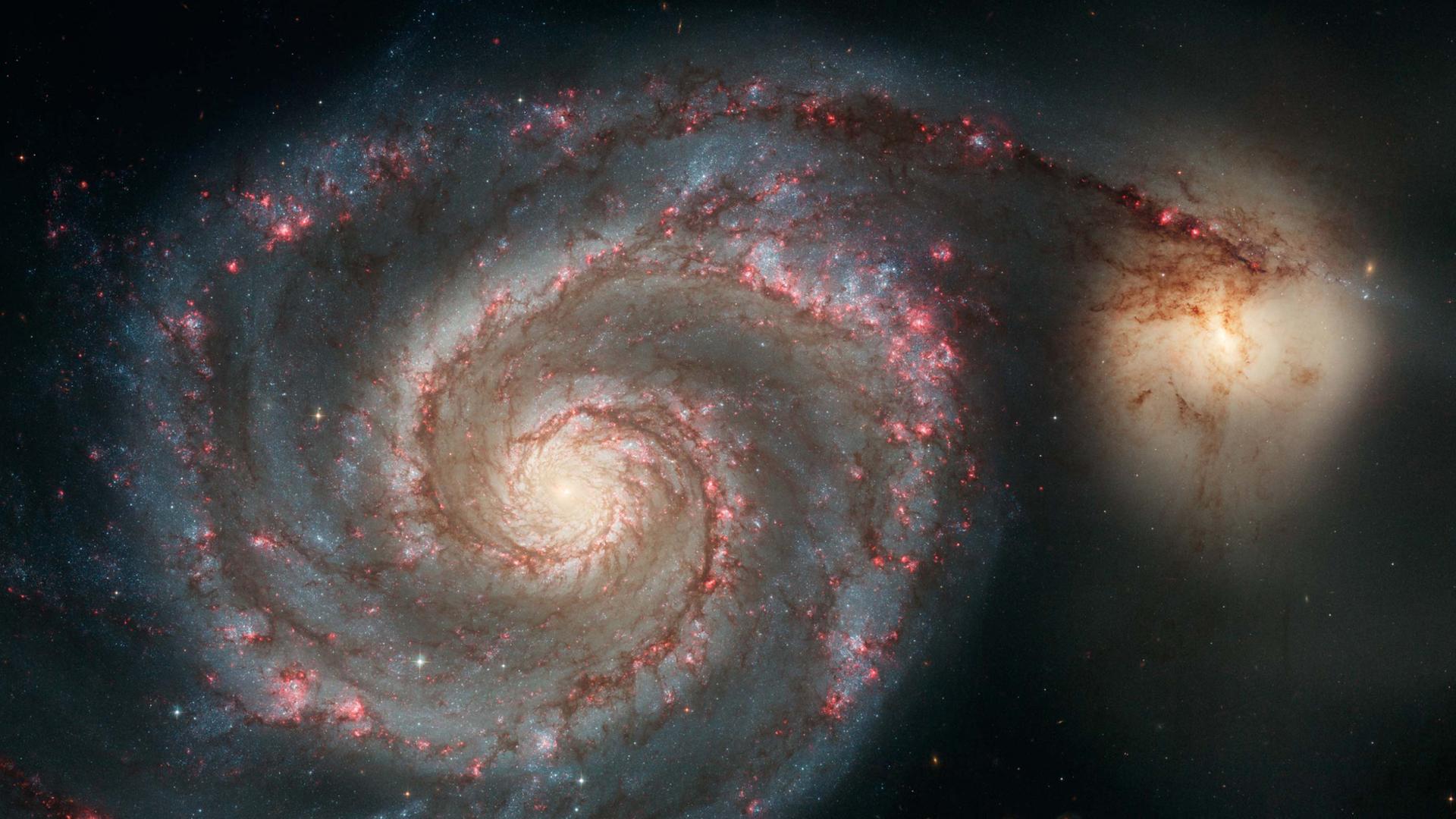 Galaxien (hier M 51) bestehen aus leuchtenden Sternen und Gasmassen, aber sie enthalten vor allem viel Dunkle Materie – eine unsichtbare Supermacht im All. Galaxien (hier M 51) bestehen aus leuchtenden Sternen und Gasmassen, aber sie enthalten vor allem viel Dunkle Materie – eine unsichtbare Supermacht im All.
