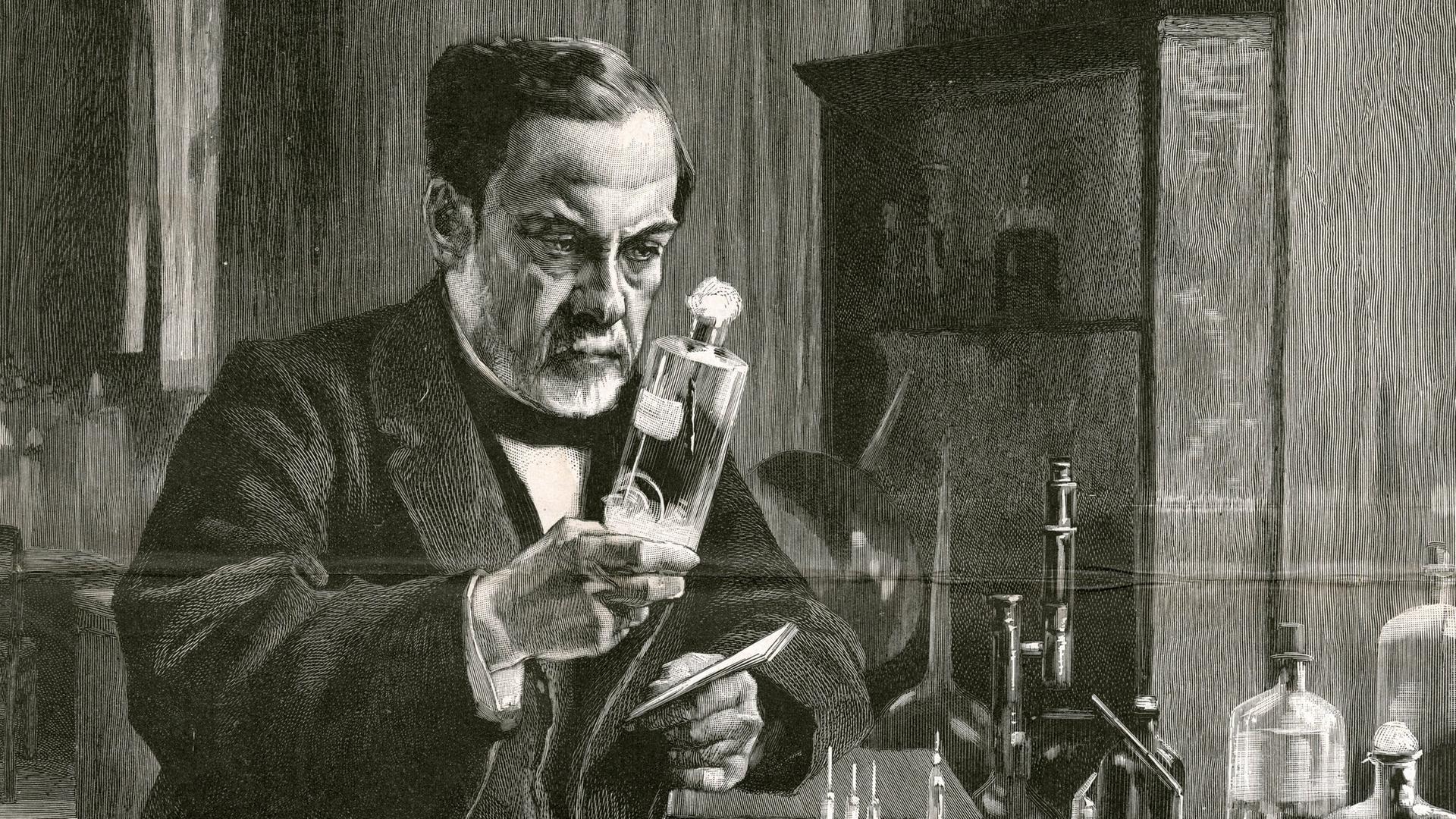 Der französische Chemiker und Mikrobiologe Louis Pasteur (1822-1895) in seinem Labor