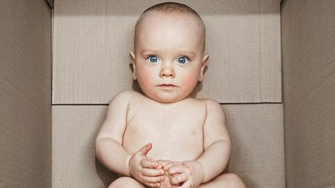 Ein kleines Baby liegt in einer Pappbox.