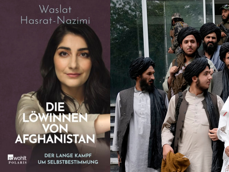 Das Buchcover von Waslat Hasrat-Nazimi: "Die Löwinnen von Afghanistan. Der lange Kampf um Selbstbestimmung“ neben einem Foto von Mullah Abdul Ghani Baradar und anderen Taliban