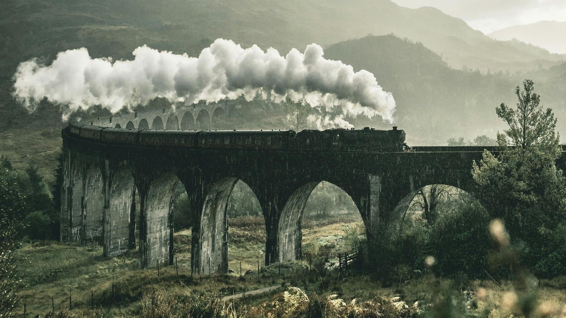 Eine alte Dampflok fährt über ein Viadukt durch eine hügelige Naturlandschaft.