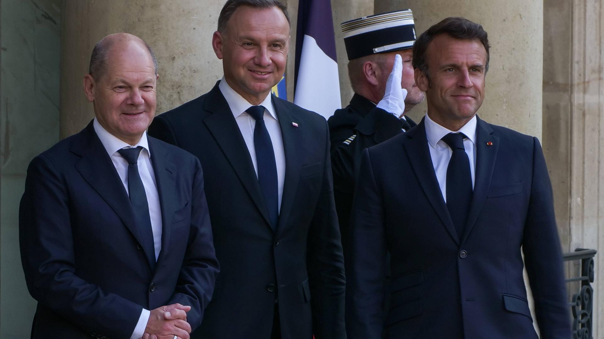 Bundeskanzler Olaf Scholz, Polens Präsident Andrzej Duda und Frankreichs Staatschef Emmanuel Macron (v.l.)