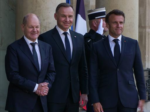 Bundeskanzler Olaf Scholz, Polens Präsident Andrzej Duda und Frankreichs Staatschef Emmanuel Macron (v.l.)