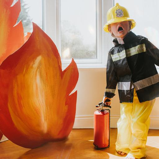 Ein Kind verkleidet als Feuerwehr, mit Helm, Anzug, Feuerlöscher und Flammen aus Pappe.