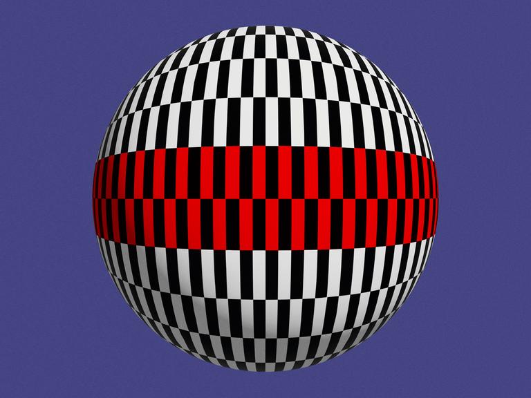 Illustration einer schwarz-weiß-roten 3D-Kugel vor violettem Hintergrund. Illustration einer schwarz-weiß-roten 3D-Kugel vor violettem Hintergrund.