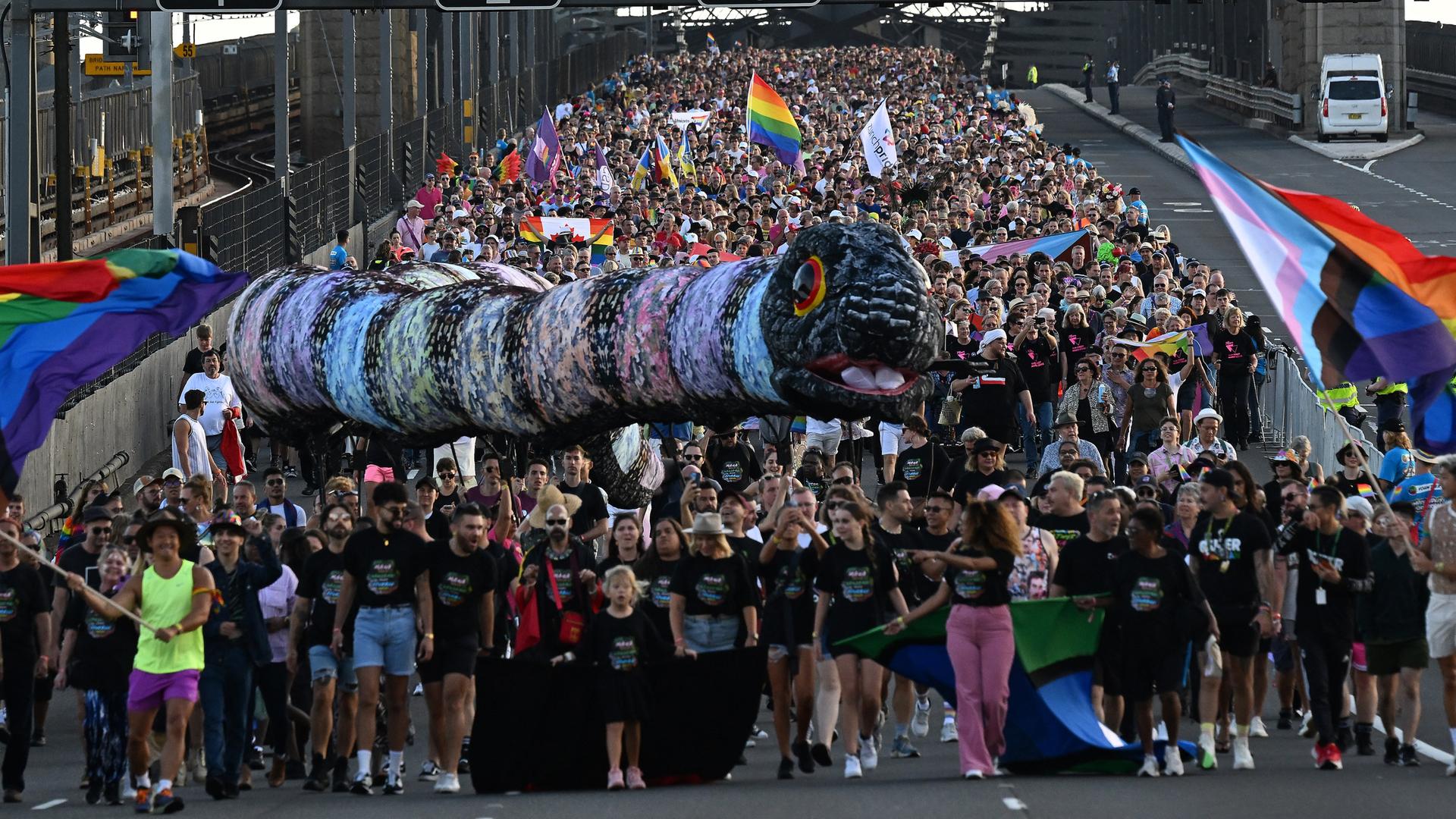 Teilnehmende des Marsches über die Harbour Bridge mit Regenbogen-Flaggen und einer großen Schlange Teilnehmende des Marsches über die Harbour Bridge mit Regenbogen-Flaggen und einer großen Schlange