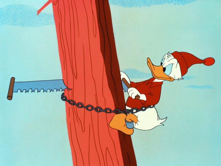 Ein Cartoon mit Donald Duck, der einen Baum fällt.