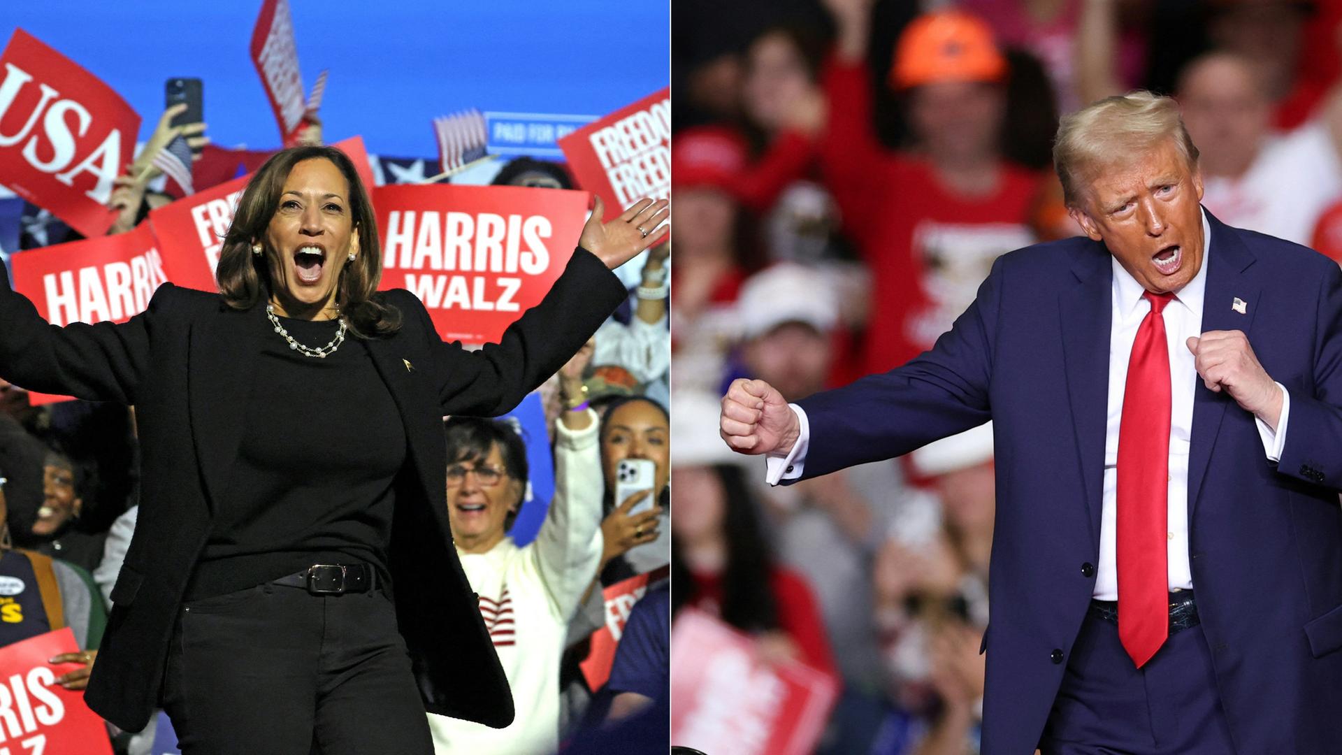 Eine Bildkombination zeigt Kamala Harris und Donald Trump jeweils bei Wahlkampfauftritten. Se gestikulieren mit ihren Armen.