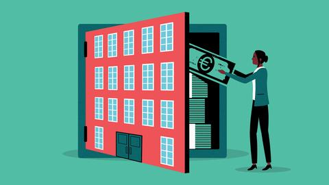 Illustration: Eine Frau legt riesige Euroscheine in ein Gebäude in Form eines Safes.